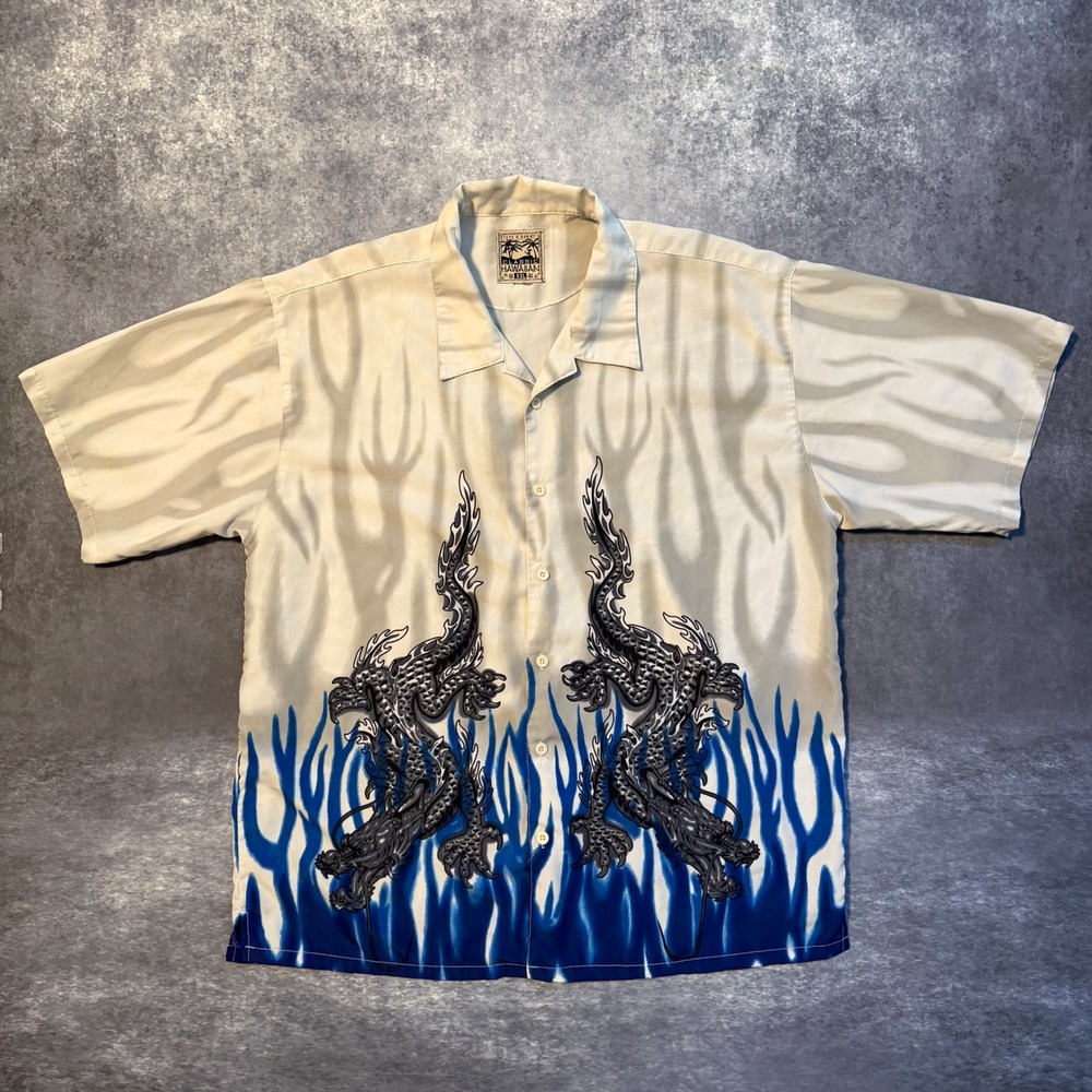 VTG Steve Barrys Dragon Flame Shirt Men XXL Blue Cream Camp Button Up Y2K Skater